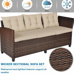 Tangkula Patio Furniture Set, 3 Pieces Outdoor Conversation Set with 6 Cushioned Seat & Coffee Table