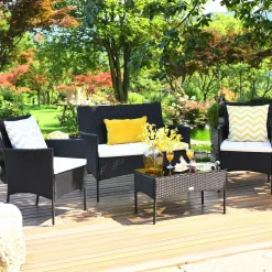 Tangkula Patio Furniture Set, Outdoor Wicker Conversation Set with Tempered Glass Coffee Table