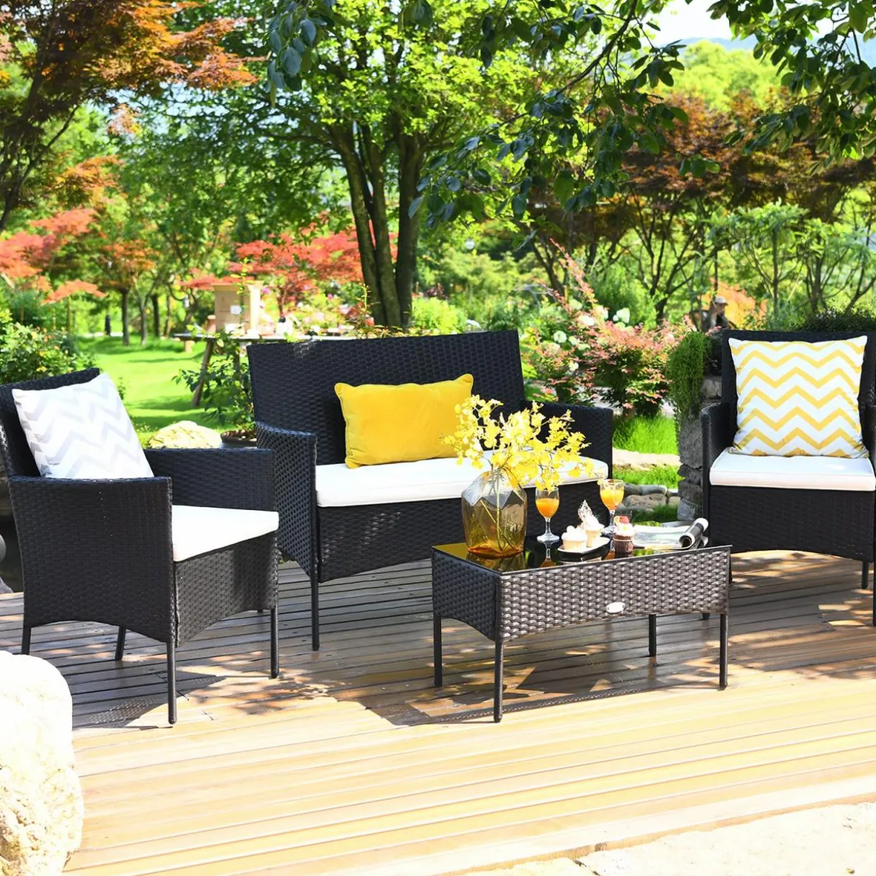 Tangkula Patio Furniture Set, Outdoor Wicker Conversation Set with Tempered Glass Coffee Table