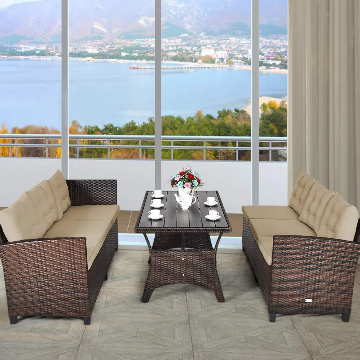 Tangkula Patio Furniture Set, 3 Pieces Outdoor Conversation Set with 6 Cushioned Seat & Coffee Table
