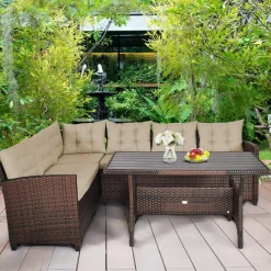 Tangkula Patio Furniture Set, 3 Pieces Outdoor Conversation Set with 6 Cushioned Seat & Coffee Table