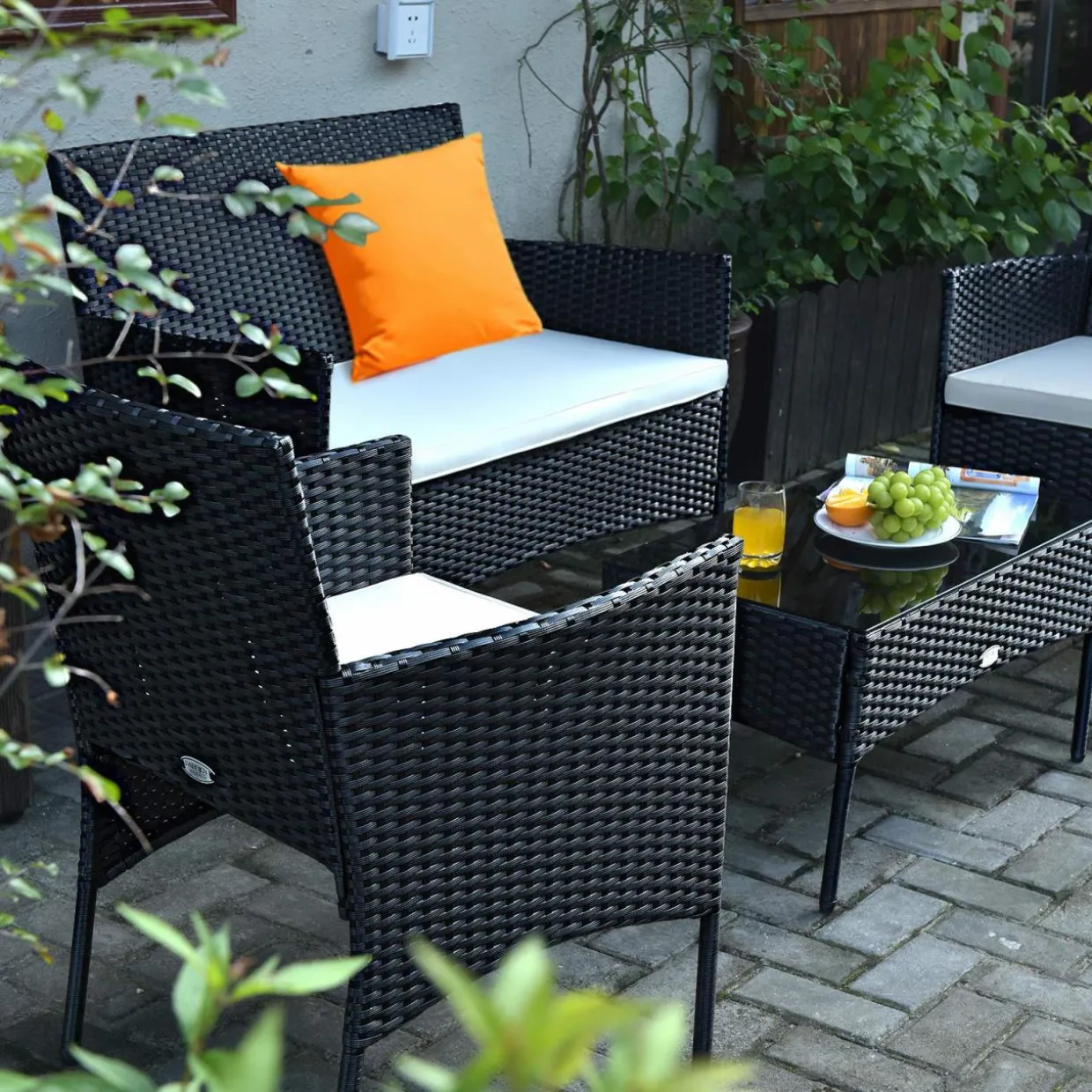 Tangkula Patio Furniture Set, Outdoor Wicker Conversation Set with Tempered Glass Coffee Table