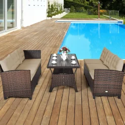 Tangkula Patio Furniture Set, 3 Pieces Outdoor Conversation Set with 6 Cushioned Seat & Coffee Table