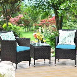 Tangkula Patio Furniture Set 3 Piece, Outdoor Wicker Rattan Conversation Set