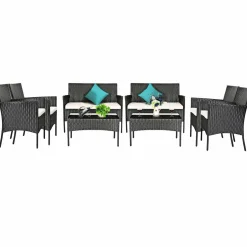 Tangkula Patio Furniture Set, Outdoor Wicker Conversation Set with Tempered Glass Coffee Table