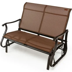 Tangkula Patio Glider Bench, 2-Person Outdoor Rocking Bench with High Back & Curved Armrests(Brown)
