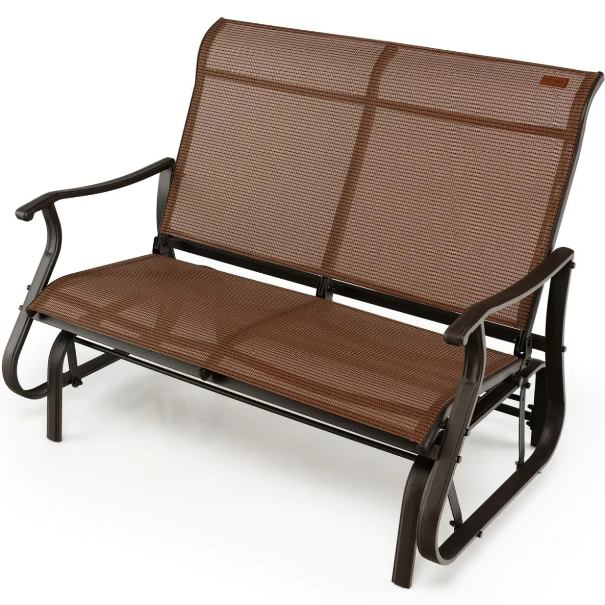 Tangkula Patio Glider Bench, 2-Person Outdoor Rocking Bench with High Back & Curved Armrests(Brown)