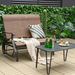 Tangkula Patio Glider Bench, 2-Person Outdoor Rocking Bench with High Back & Curved Armrests(Brown)