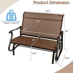 Tangkula Patio Glider Bench, 2-Person Outdoor Rocking Bench with High Back & Curved Armrests(Brown)
