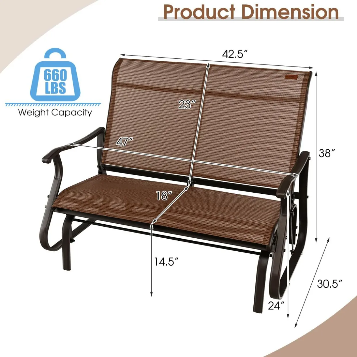 Tangkula Patio Glider Bench, 2-Person Outdoor Rocking Bench with High Back & Curved Armrests(Brown)