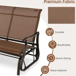 Tangkula Patio Glider Bench, 2-Person Outdoor Rocking Bench with High Back & Curved Armrests(Brown)