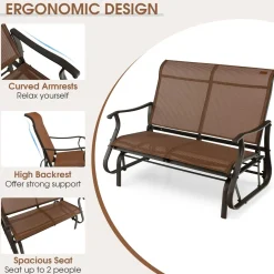 Tangkula Patio Glider Bench, 2-Person Outdoor Rocking Bench with High Back & Curved Armrests(Brown)
