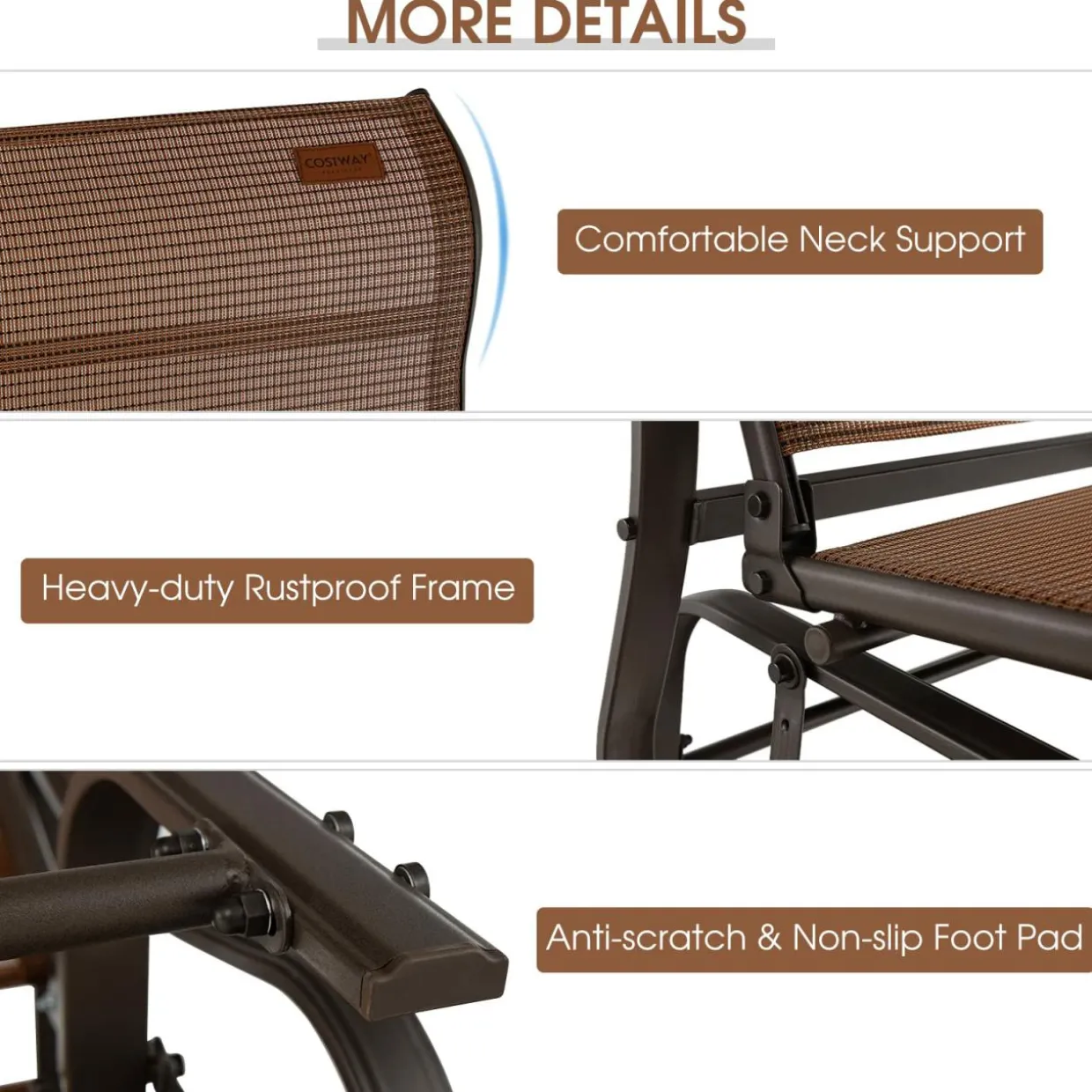 Tangkula Patio Glider Bench, 2-Person Outdoor Rocking Bench with High Back & Curved Armrests(Brown)