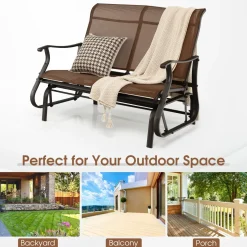 Tangkula Patio Glider Bench, 2-Person Outdoor Rocking Bench with High Back & Curved Armrests(Brown)