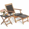 Tangkula Patio Lounge Chair and Side Table Set, Acacia Wood Wicker Folding Table and Armrest Chair with Retractable Ottoman