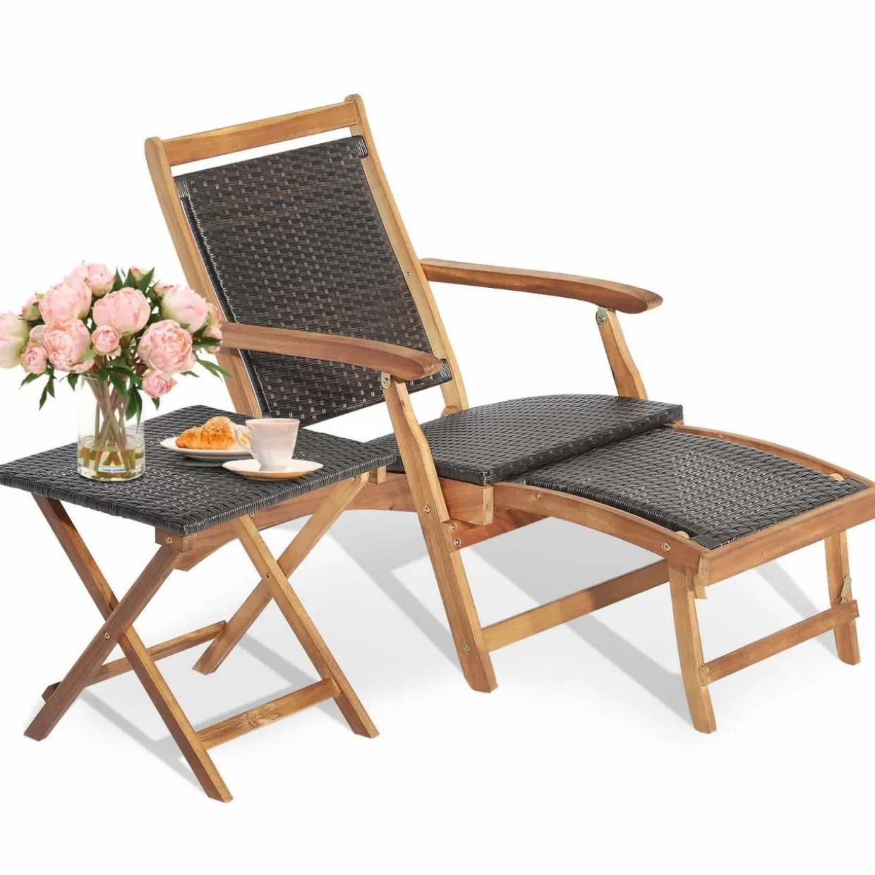 Tangkula Patio Lounge Chair and Side Table Set, Acacia Wood Wicker Folding Table and Armrest Chair with Retractable Ottoman