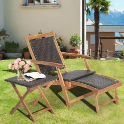 Tangkula Patio Lounge Chair and Side Table Set, Acacia Wood Wicker Folding Table and Armrest Chair with Retractable Ottoman