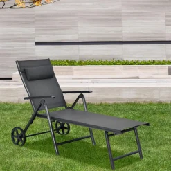 Tangkula Patio Lounge Chair w/Wheels, Outdoor Folding Chaise Lounger w/7 Adjustable Backrest Positions
