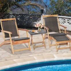 Tangkula Patio Lounge Chair and Side Table Set, Acacia Wood Wicker Folding Table and Armrest Chair with Retractable Ottoman