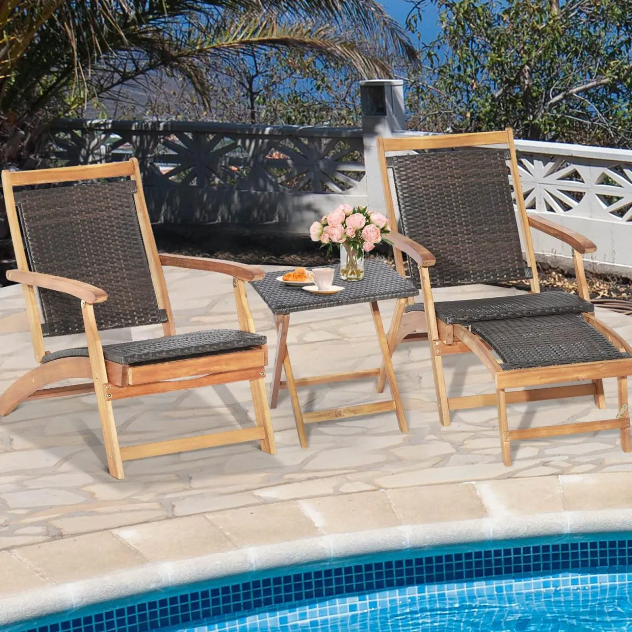Tangkula Patio Lounge Chair and Side Table Set, Acacia Wood Wicker Folding Table and Armrest Chair with Retractable Ottoman