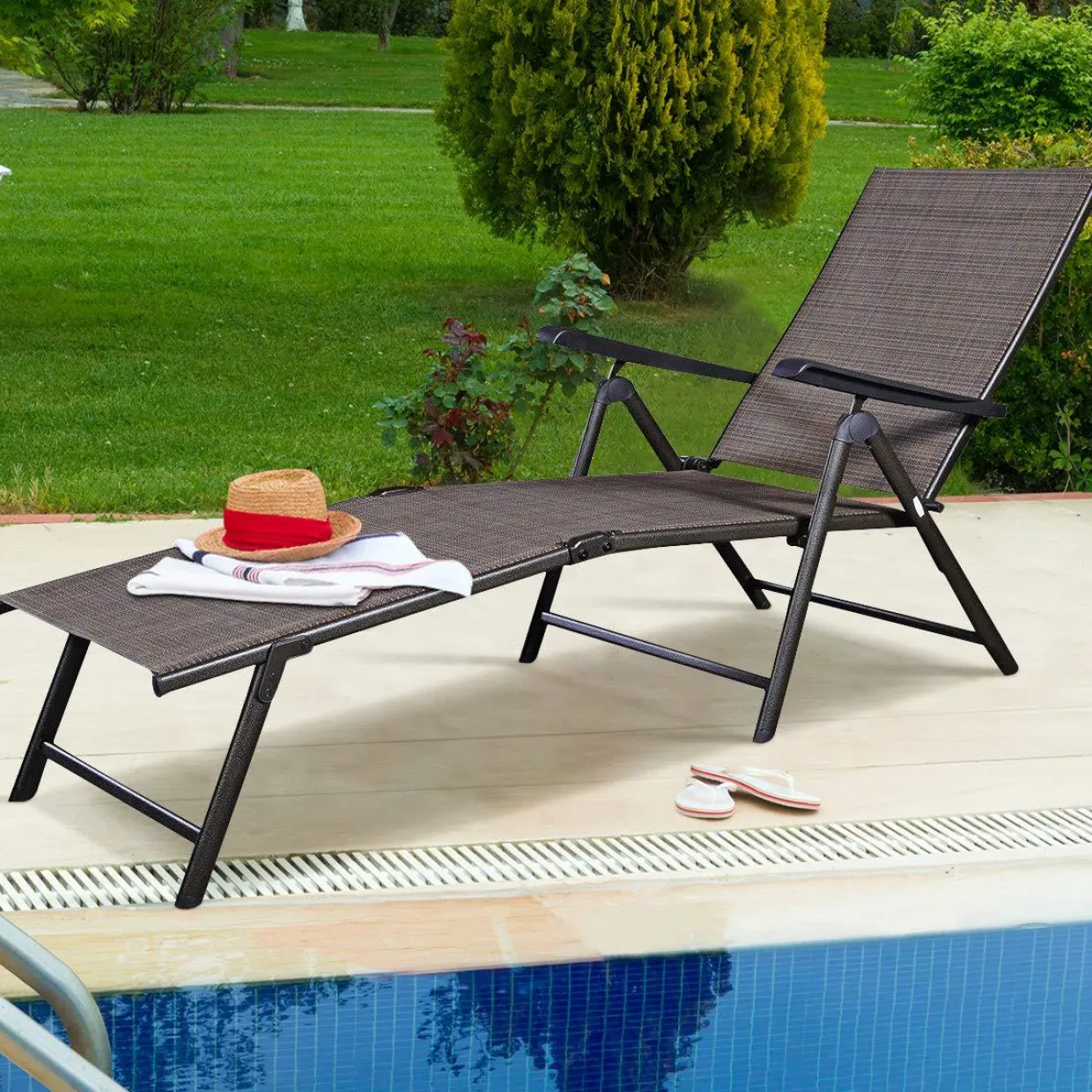 Tangkula Patio Lounge Chair Chaise, Adjustable Backrest, 5 Back & 2 Leg Positions Outdoor Reclining Lounger Chairs