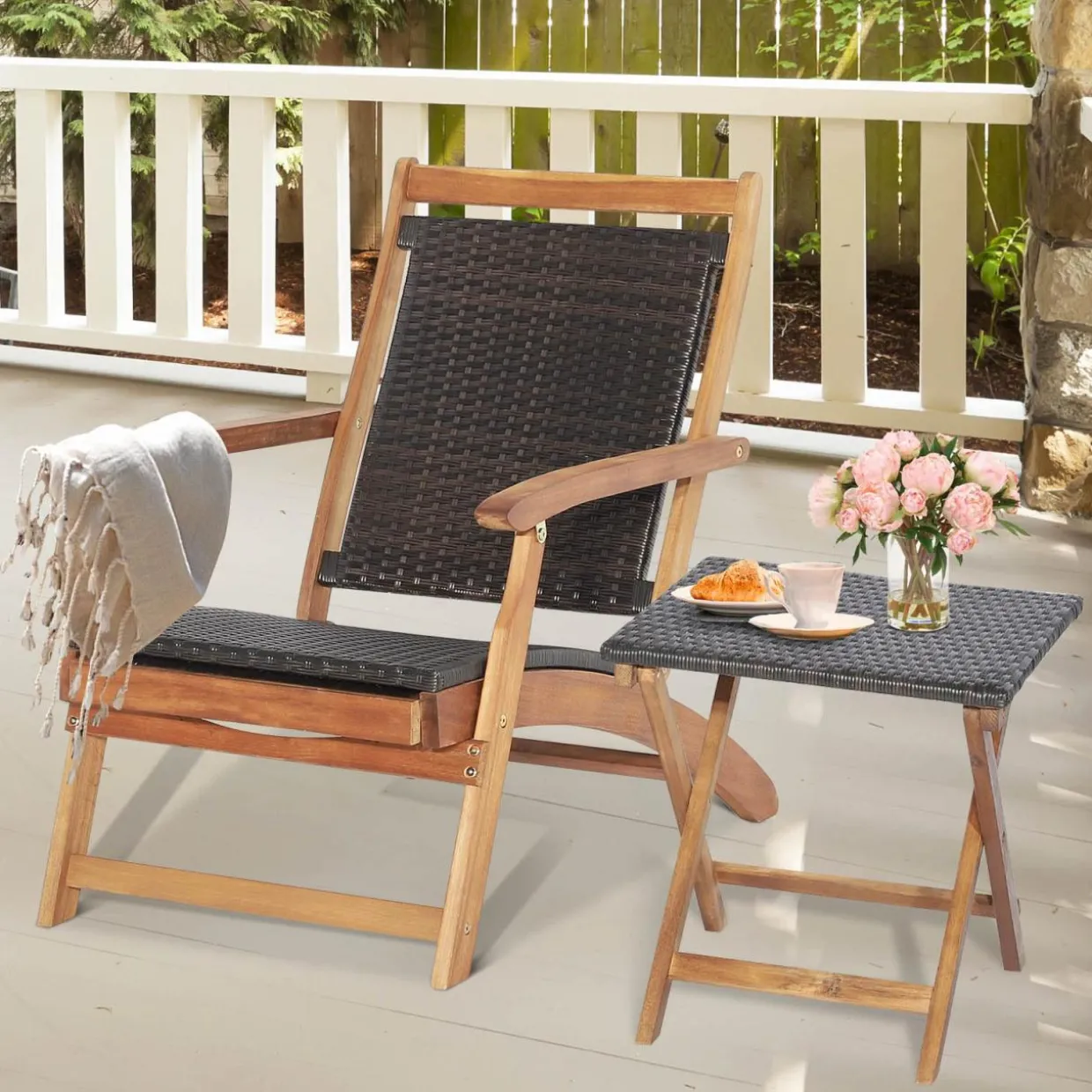 Tangkula Patio Lounge Chair and Side Table Set, Acacia Wood Wicker Folding Table and Armrest Chair with Retractable Ottoman