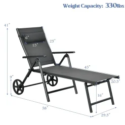 Tangkula Patio Lounge Chair w/Wheels, Outdoor Folding Chaise Lounger w/7 Adjustable Backrest Positions