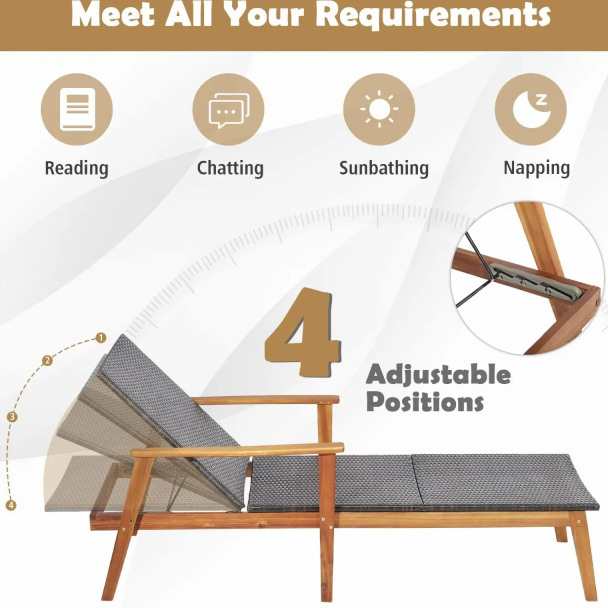 Tangkula Patio Lounge Chair, 4-Position Adjustable Recliner with Fully Flat Position