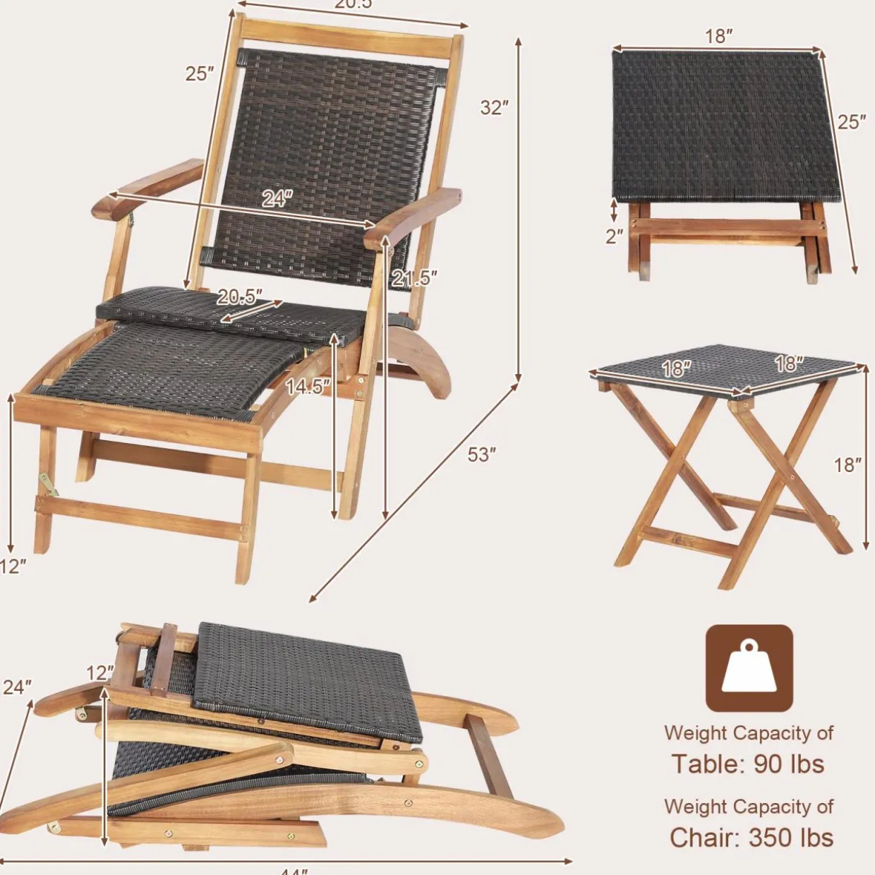 Tangkula Patio Lounge Chair and Side Table Set, Acacia Wood Wicker Folding Table and Armrest Chair with Retractable Ottoman