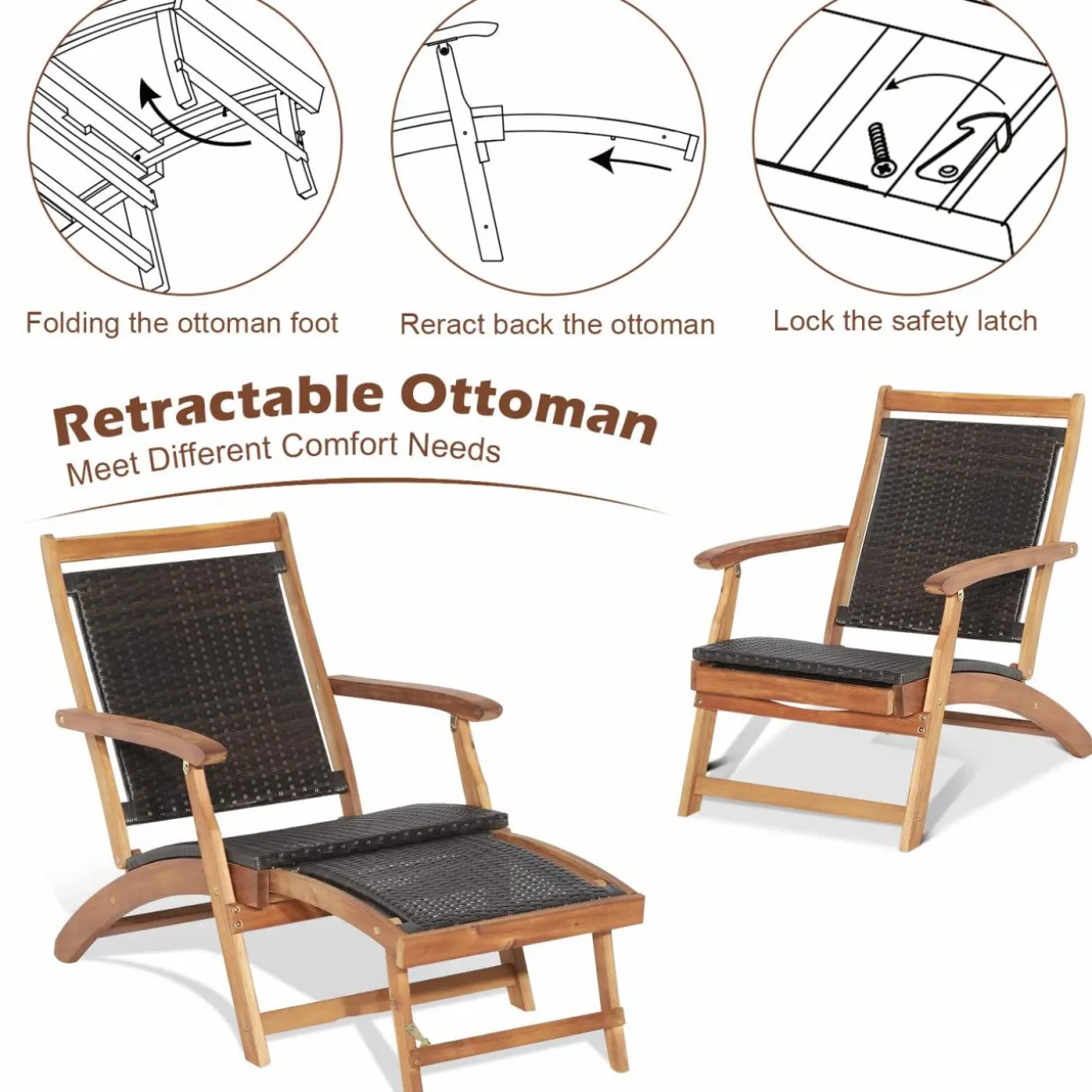 Tangkula Patio Lounge Chair and Side Table Set, Acacia Wood Wicker Folding Table and Armrest Chair with Retractable Ottoman