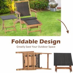 Tangkula Patio Lounge Chair and Side Table Set, Acacia Wood Wicker Folding Table and Armrest Chair with Retractable Ottoman
