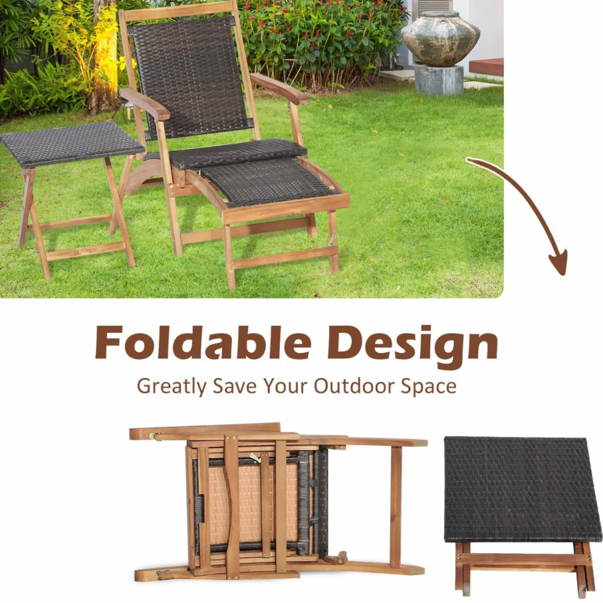 Tangkula Patio Lounge Chair and Side Table Set, Acacia Wood Wicker Folding Table and Armrest Chair with Retractable Ottoman