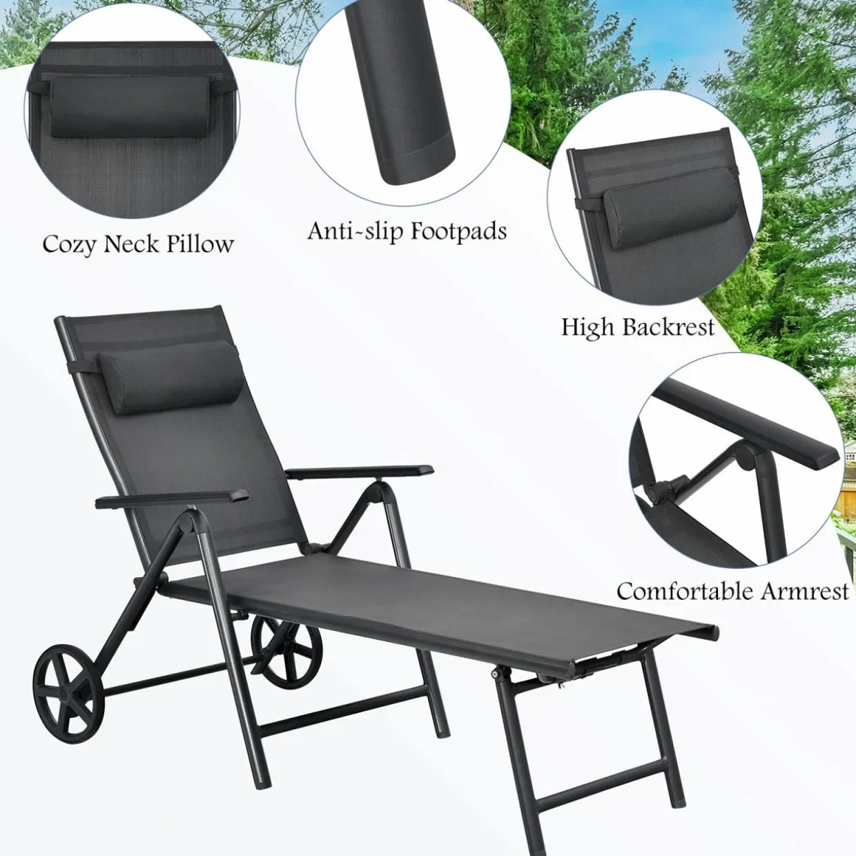 Tangkula Patio Lounge Chair w/Wheels, Outdoor Folding Chaise Lounger w/7 Adjustable Backrest Positions