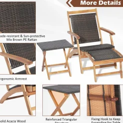 Tangkula Patio Lounge Chair and Side Table Set, Acacia Wood Wicker Folding Table and Armrest Chair with Retractable Ottoman