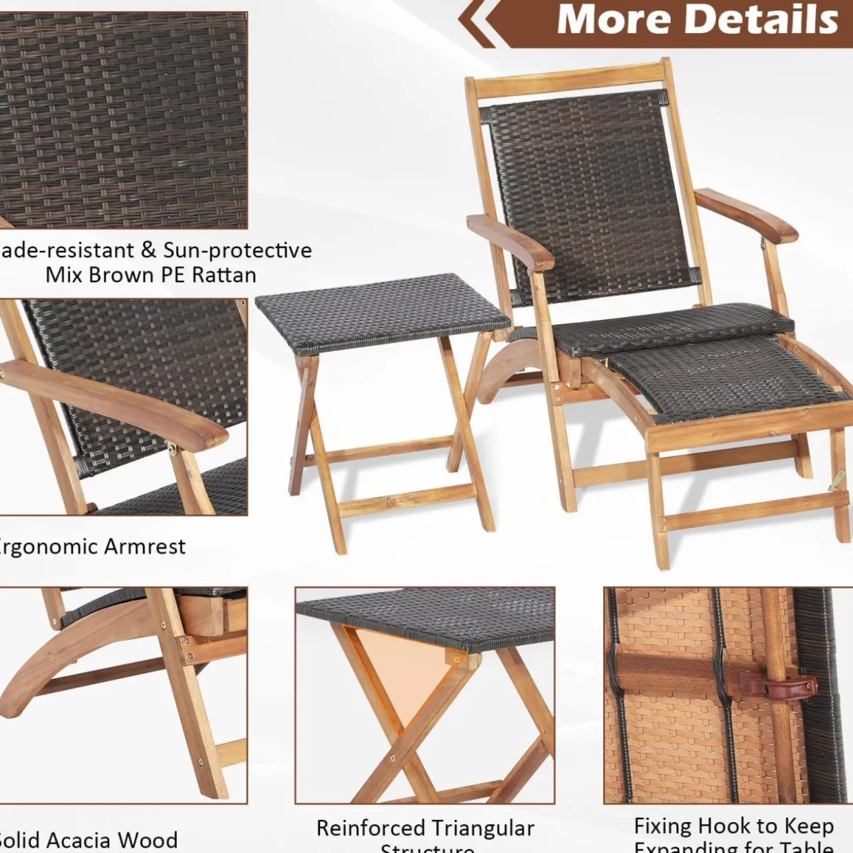 Tangkula Patio Lounge Chair and Side Table Set, Acacia Wood Wicker Folding Table and Armrest Chair with Retractable Ottoman