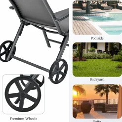 Tangkula Patio Lounge Chair w/Wheels, Outdoor Folding Chaise Lounger w/7 Adjustable Backrest Positions