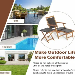 Tangkula Patio Lounge Chair and Side Table Set, Acacia Wood Wicker Folding Table and Armrest Chair with Retractable Ottoman