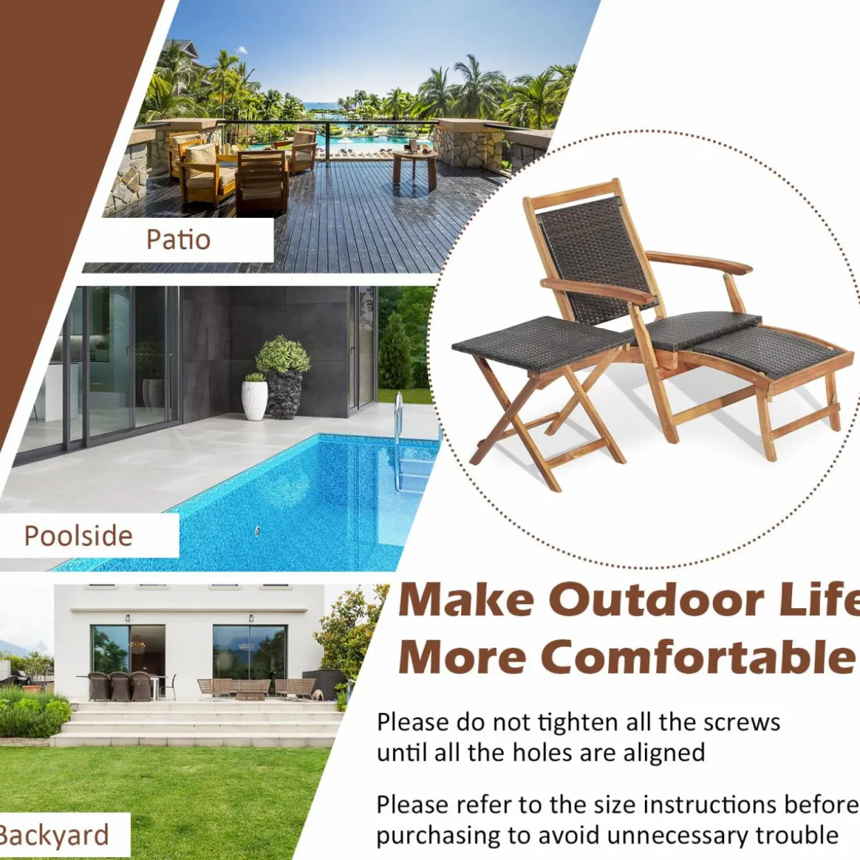 Tangkula Patio Lounge Chair and Side Table Set, Acacia Wood Wicker Folding Table and Armrest Chair with Retractable Ottoman