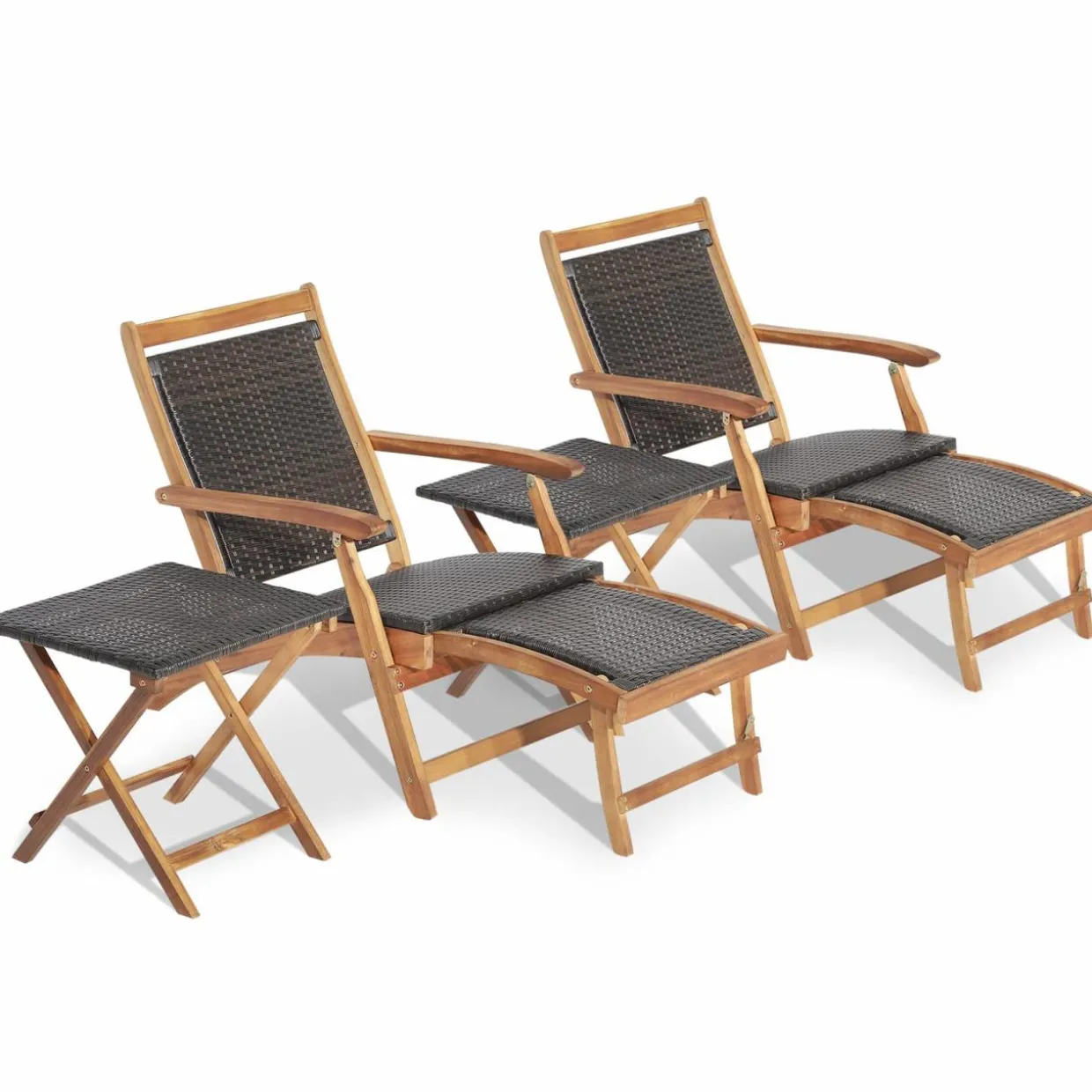 Tangkula Patio Lounge Chair and Side Table Set, Acacia Wood Wicker Folding Table and Armrest Chair with Retractable Ottoman