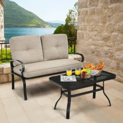 Tangkula Patio Loveseat with Table Set, 2 Seat Cushioned Sofa with Coffee Table