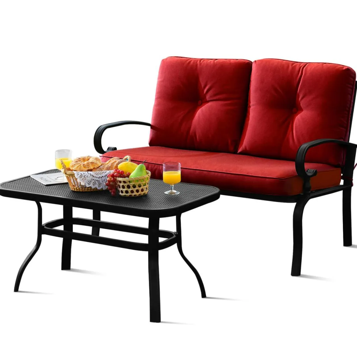 Tangkula Patio Loveseat with Table Set, 2 Seat Cushioned Sofa with Coffee Table