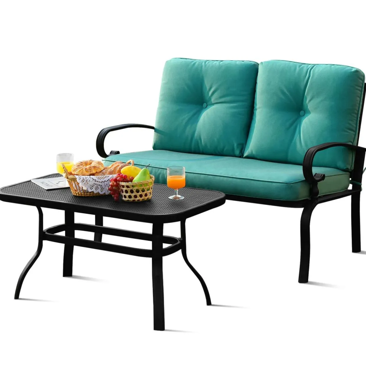 Tangkula Patio Loveseat with Table Set, 2 Seat Cushioned Sofa with Coffee Table
