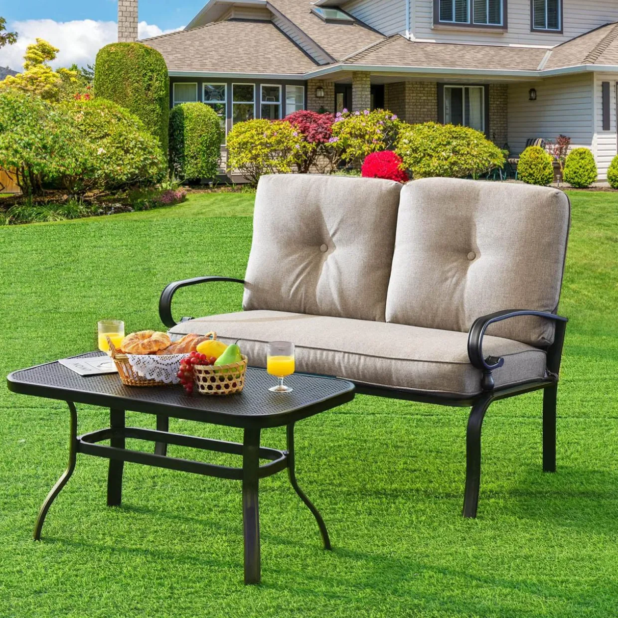 Tangkula Patio Loveseat with Table Set, 2 Seat Cushioned Sofa with Coffee Table