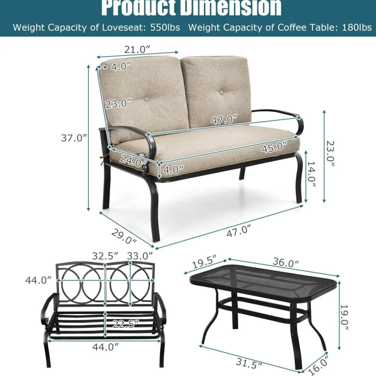 Tangkula Patio Loveseat with Table Set, 2 Seat Cushioned Sofa with Coffee Table