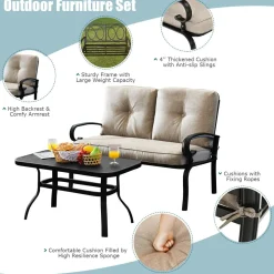 Tangkula Patio Loveseat with Table Set, 2 Seat Cushioned Sofa with Coffee Table