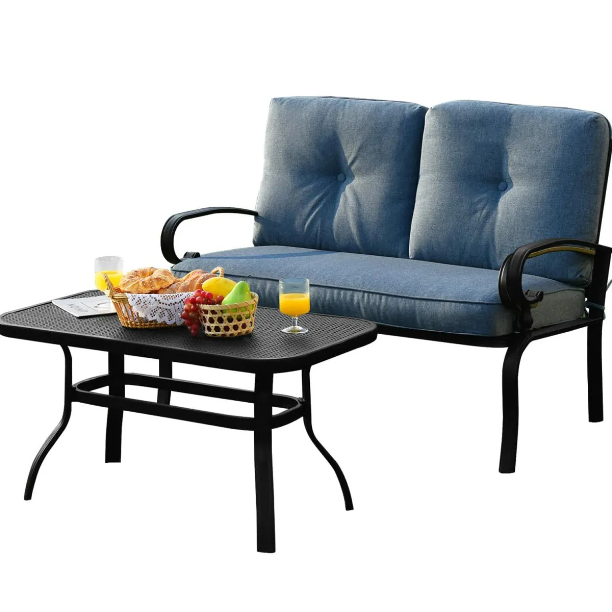 Tangkula Patio Loveseat with Table Set, 2 Seat Cushioned Sofa with Coffee Table