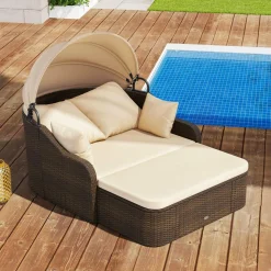 Tangkula Patio PE Rattan Daybed with Retractable Canopy, Double Lounge Bed with Soft Cushions and Extra Pillows