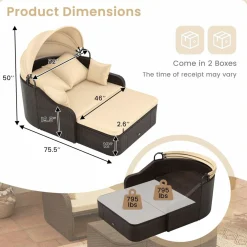 Tangkula Patio PE Rattan Daybed with Retractable Canopy, Double Lounge Bed with Soft Cushions and Extra Pillows