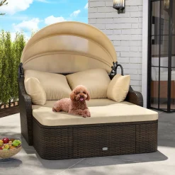 Tangkula Patio PE Rattan Daybed with Retractable Canopy, Double Lounge Bed with Soft Cushions and Extra Pillows