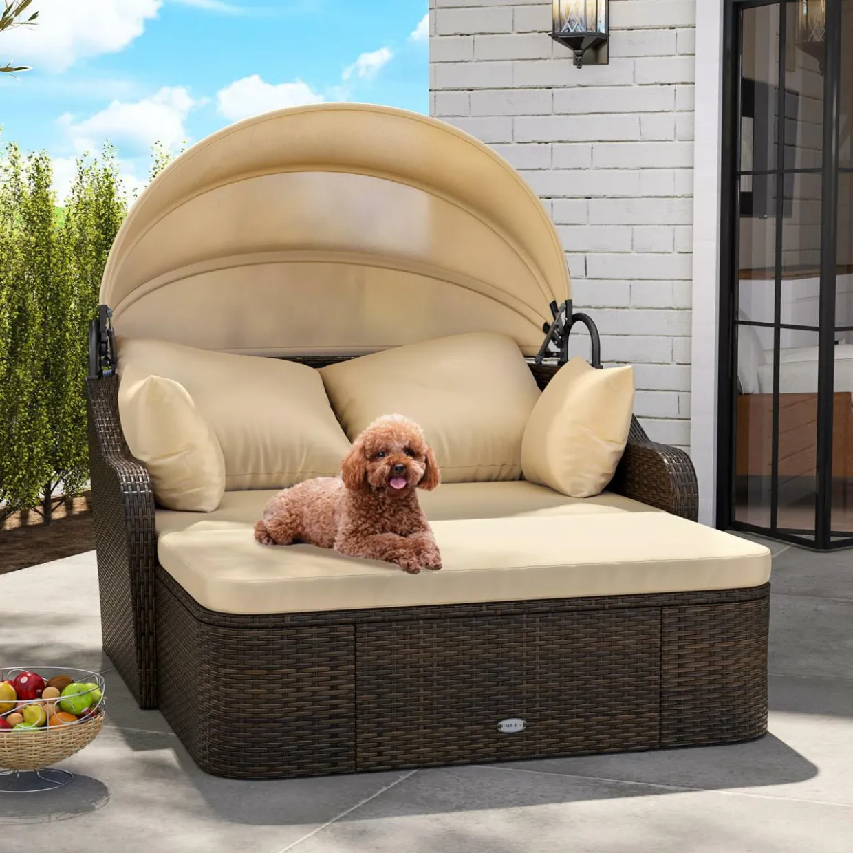 Tangkula Patio PE Rattan Daybed with Retractable Canopy, Double Lounge Bed with Soft Cushions and Extra Pillows